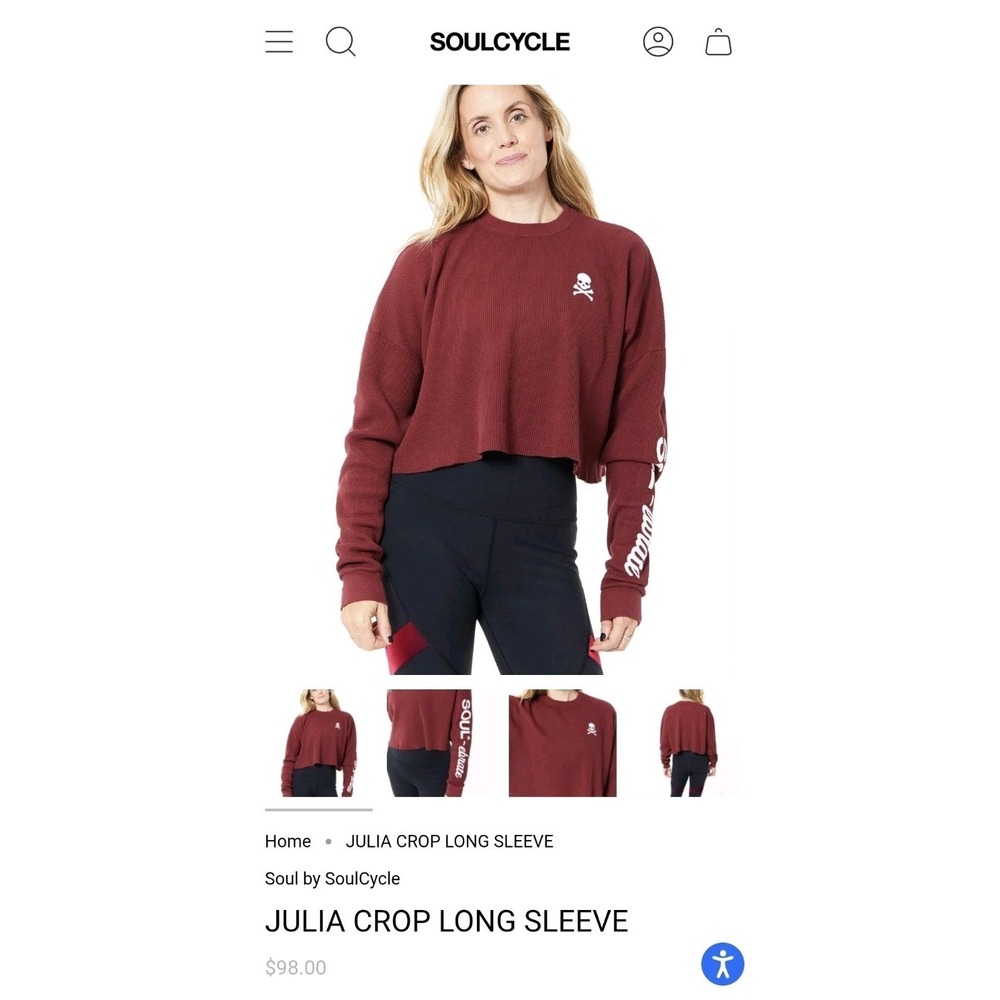 SoulCycle Julia Cropped Waffle Long Sleeve Burgundy Skull Size Large MSRP $98 - Picture 2 of 9